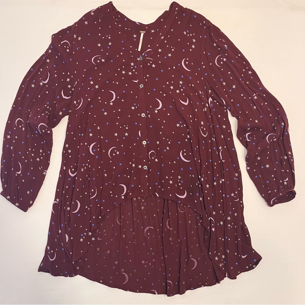 Free People Boho Hi-Low Wine Combo Stars Moons Tunic V-neck Long Sleeves Top XS